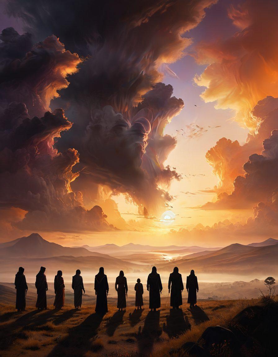 An ethereal landscape contrasting dark, shadowy figures with gentle beams of light breaking through, symbolizing hope and connection. Diverse people of various cultures are silhouetted, reaching towards the light, depicting the navigation through sadness together. Soft, warm colors illuminate the scene, creating an inviting atmosphere. surreal. vibrant colors. high detail.