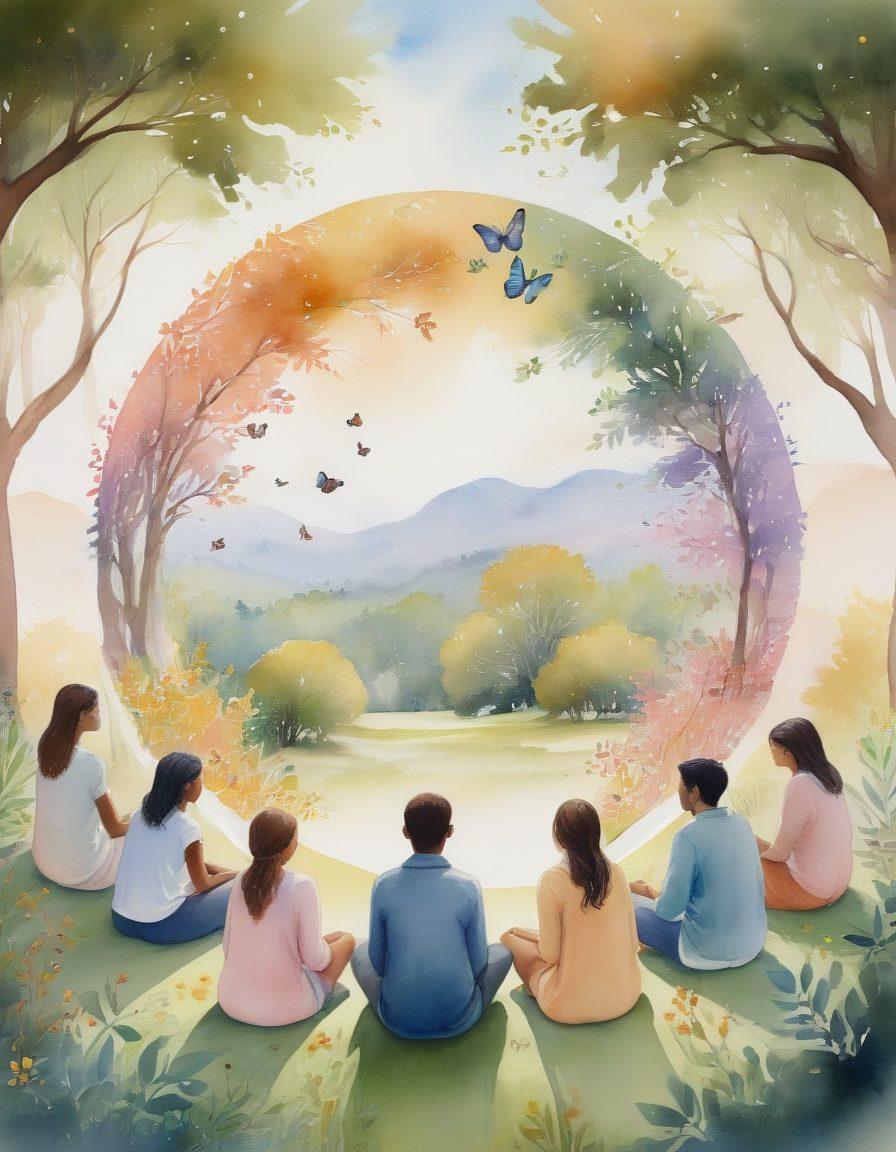 A diverse group of people sitting in a circle, sharing stories, with an aura of warmth and comfort around them. Soft pastel colors create a serene atmosphere, while subtle symbols of resilience like trees and butterflies are integrated in the background. The characters show emotions like understanding and compassion, highlighting the theme of support and community. watercolor painting. soft focus. warm tones.