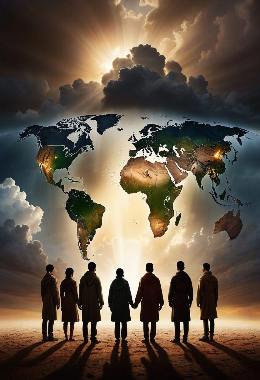 A diverse group of people from various cultures standing together, illuminated by a warm light breaking through dark clouds, symbolizing hope and unity. The backdrop features a world map subtly blended, representing global connections. Each individual is holding a piece of a broken chain, showcasing the act of building bonds despite unhappiness. Overall, the scene conveys strength and resilience amidst adversity. vibrant colors. super-realistic.